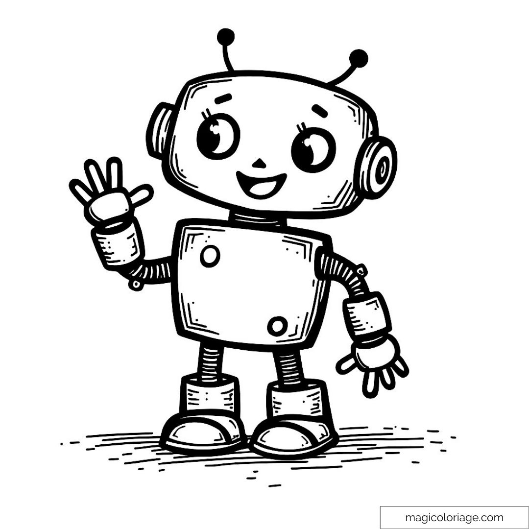 Robot mignon souriant jouant avec une main levée.