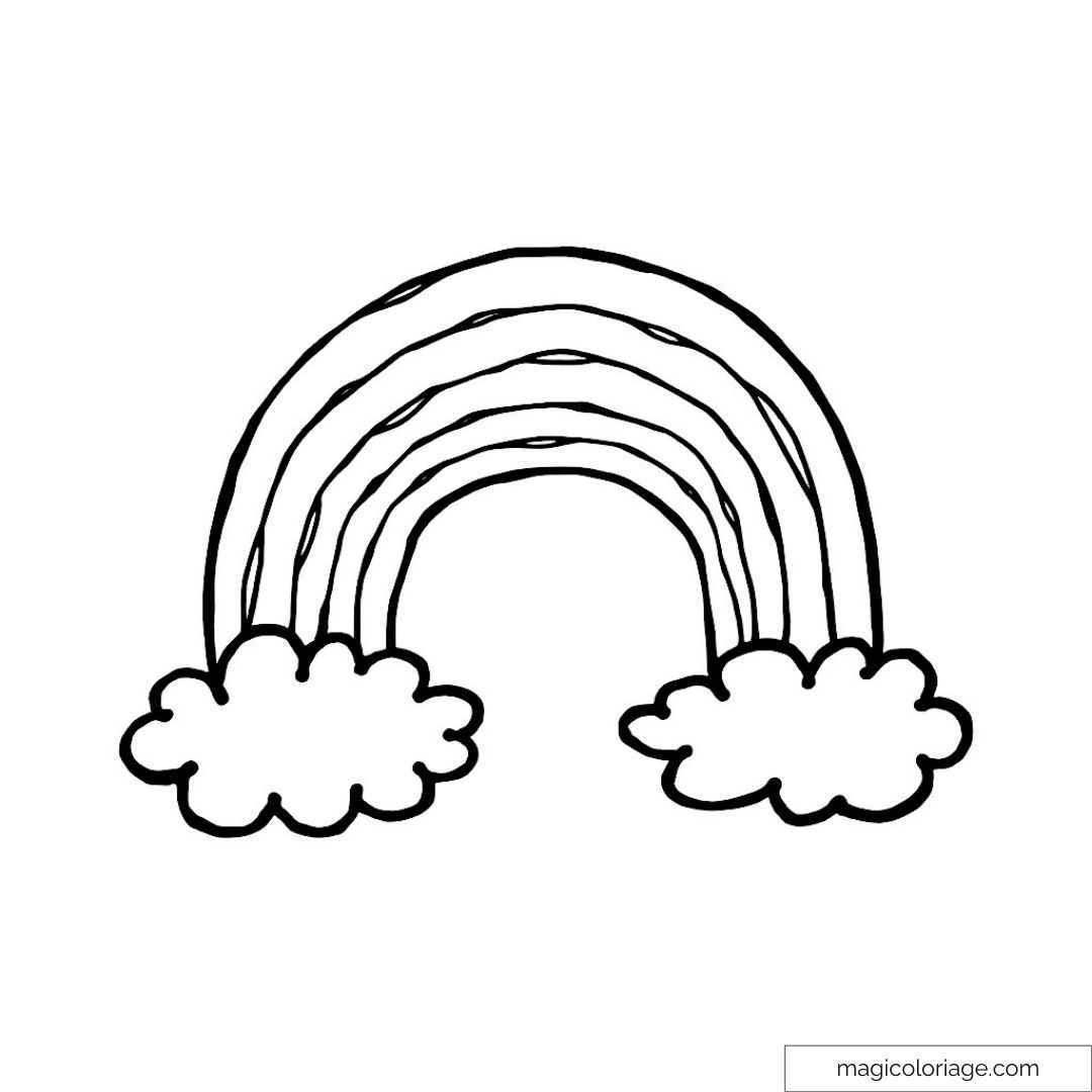 Dessin à colorier d'un arc-en-ciel avec nuages pour enfants.