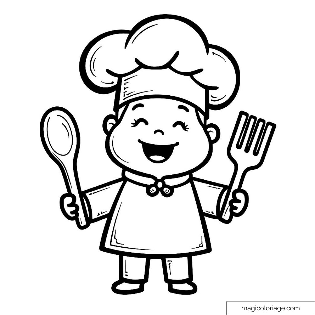 Dessin en noir et blanc d'un jeune chef joyeux avec une spatule.