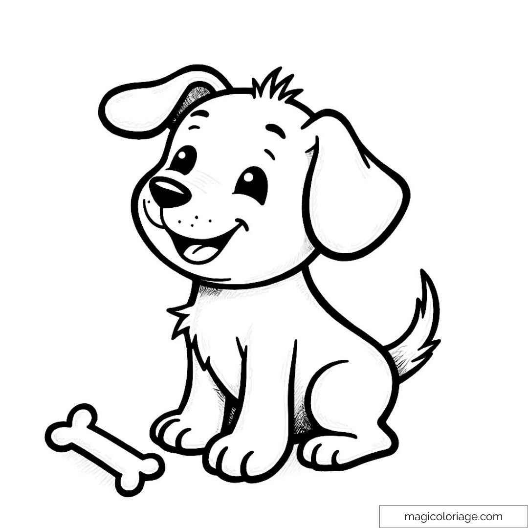 Dessin de chiot mignon avec os à colorier pour enfants.