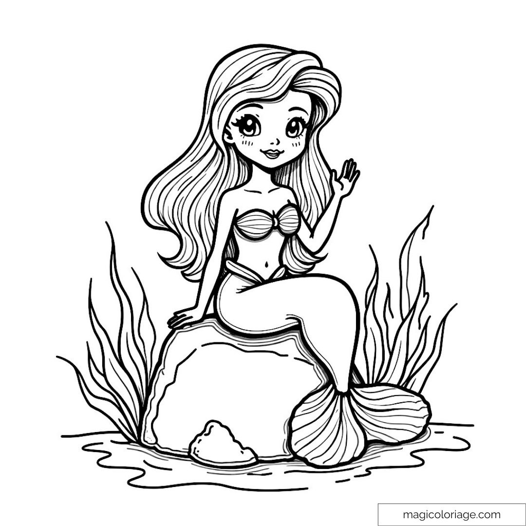 Dessin à colorier d'Ariel la Petite Sirène assise sur un rocher.