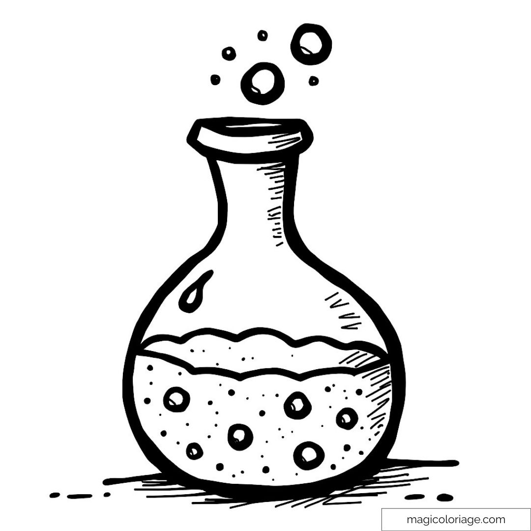Flacon d'alchimie en verre avec bulles et liquide bouillonnant