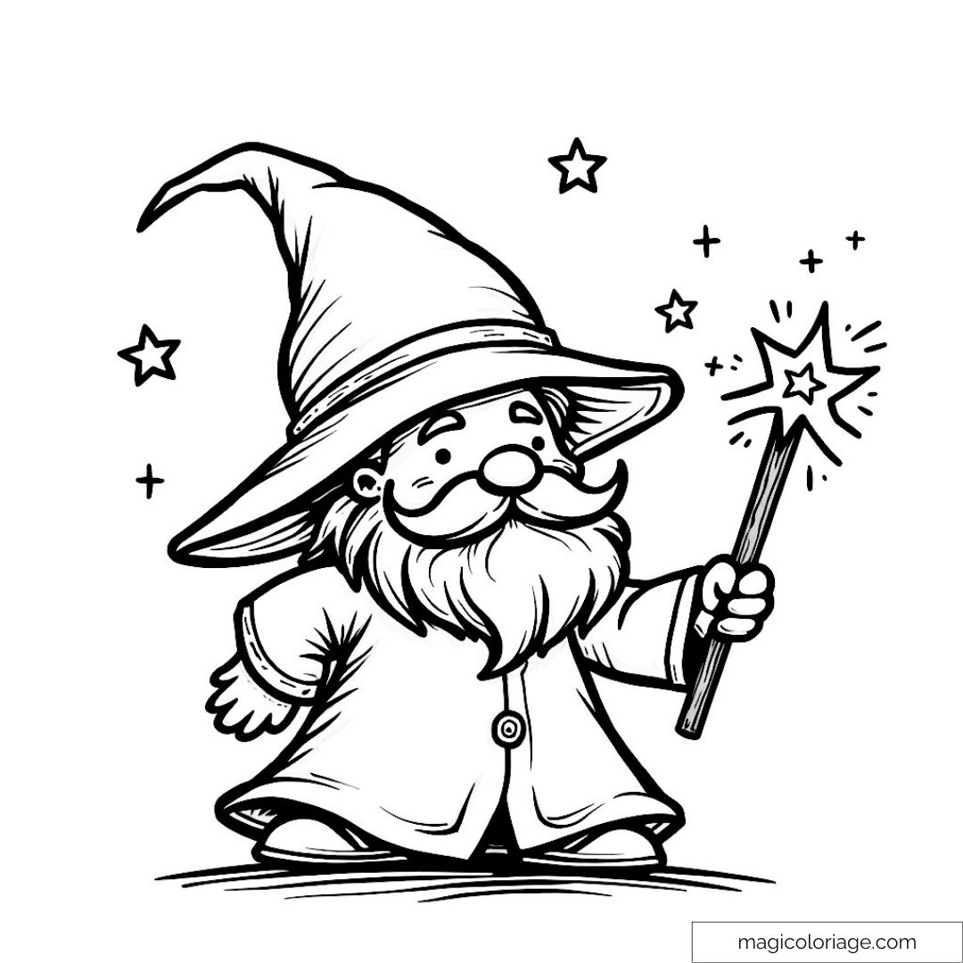 Coloriage de magicien avec chapeau pointu et baguette