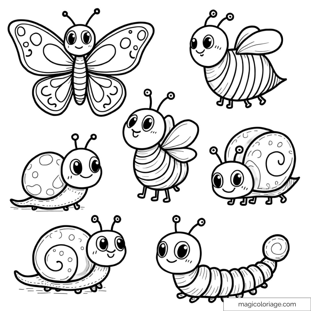 Illustration de mignons insectes à colorier pour enfants, comprenant papillon, abeille, escargots et chenille.