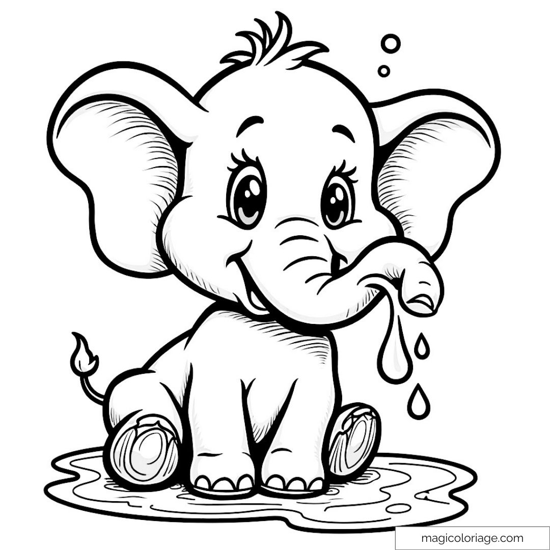Dessin de petit éléphant mignon assis dans l'eau à colorier