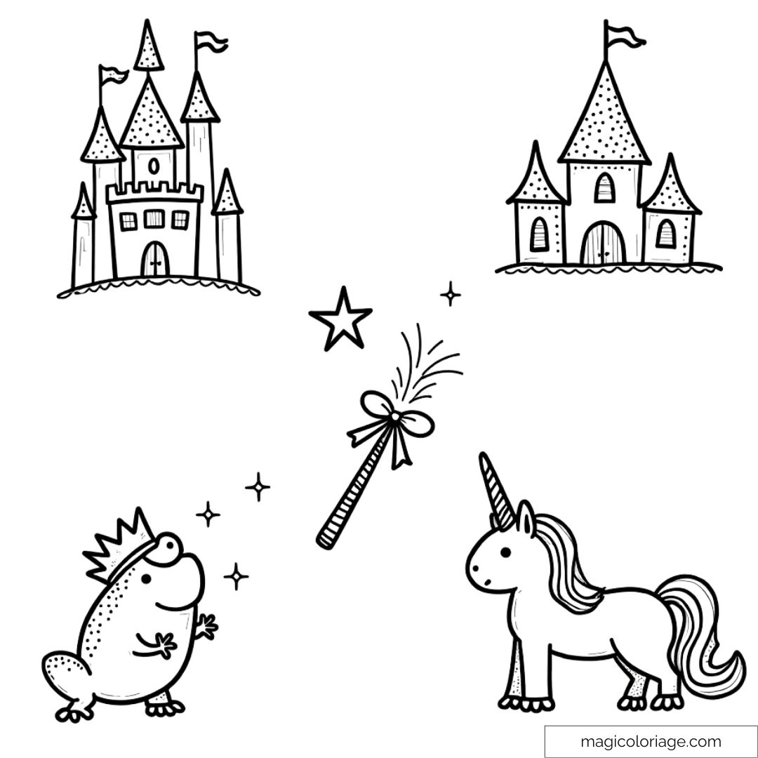 Dessin de conte de fées à colorier pour enfants, incluant château, licorne, grenouille et baguette magique.