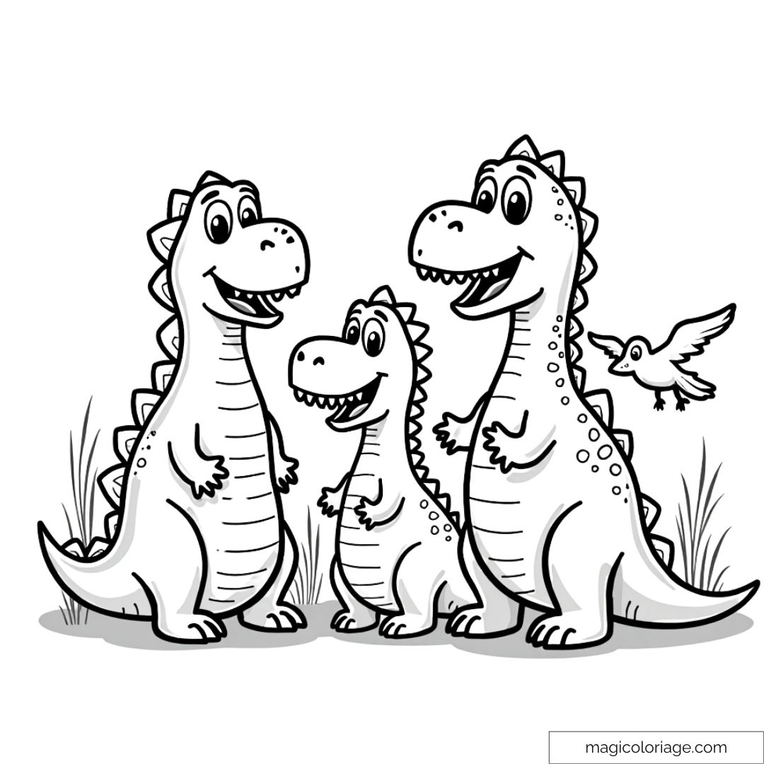 Dessin mignon de trois dinosaures à colorier pour enfants avec un petit oiseau en arrière-plan.