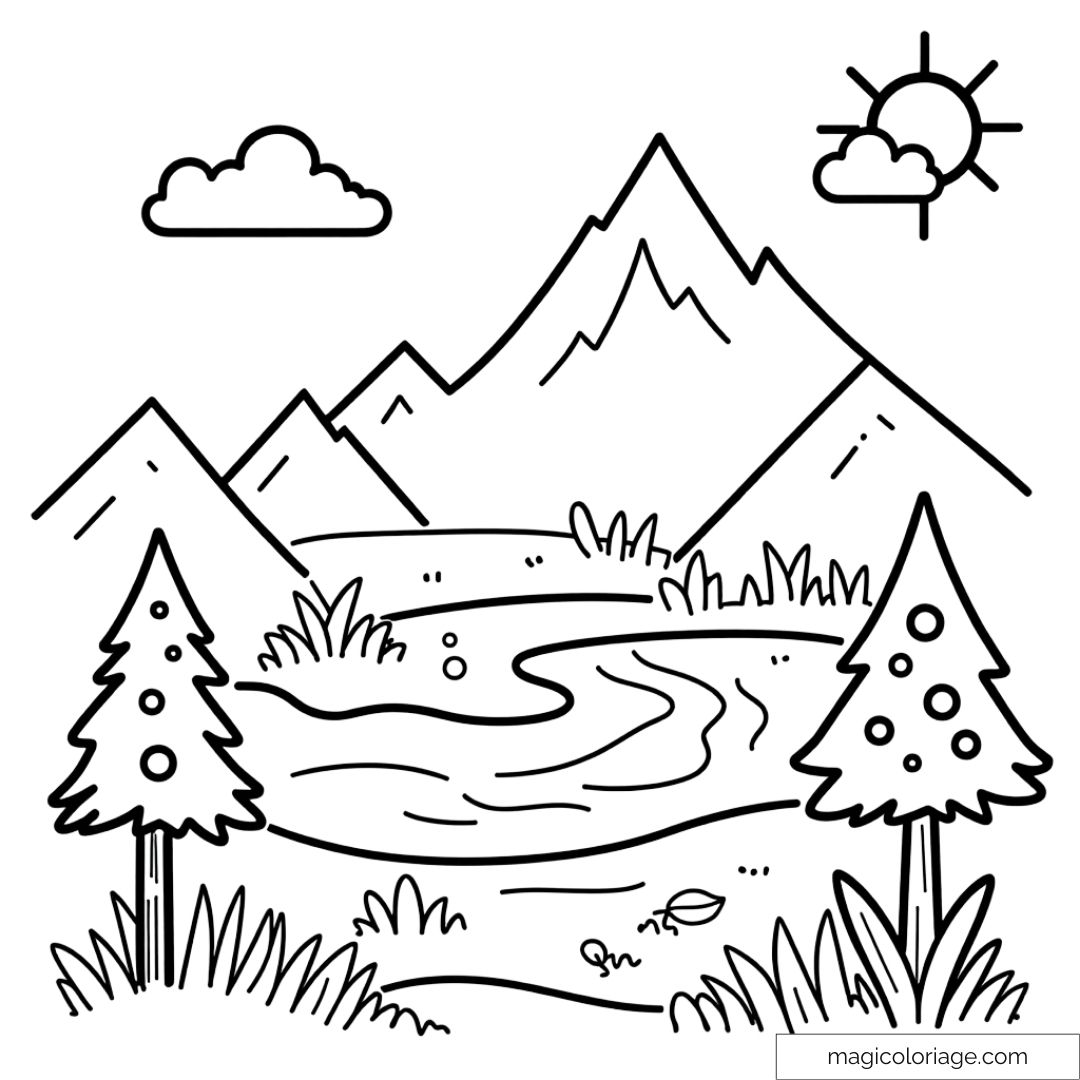 Dessin de paysage de montagne avec rivière, sapins, soleil et nuage à colorier pour enfants.