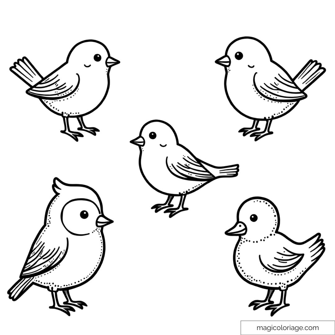 Dessin de cinq petits oiseaux mignons à colorier pour enfants.