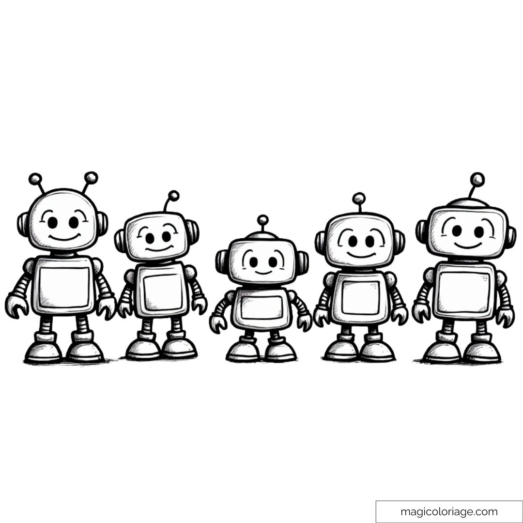 Dessin de robots souriants à colorier pour enfants, cinq robots alignés avec des antennes et des bras articulés.