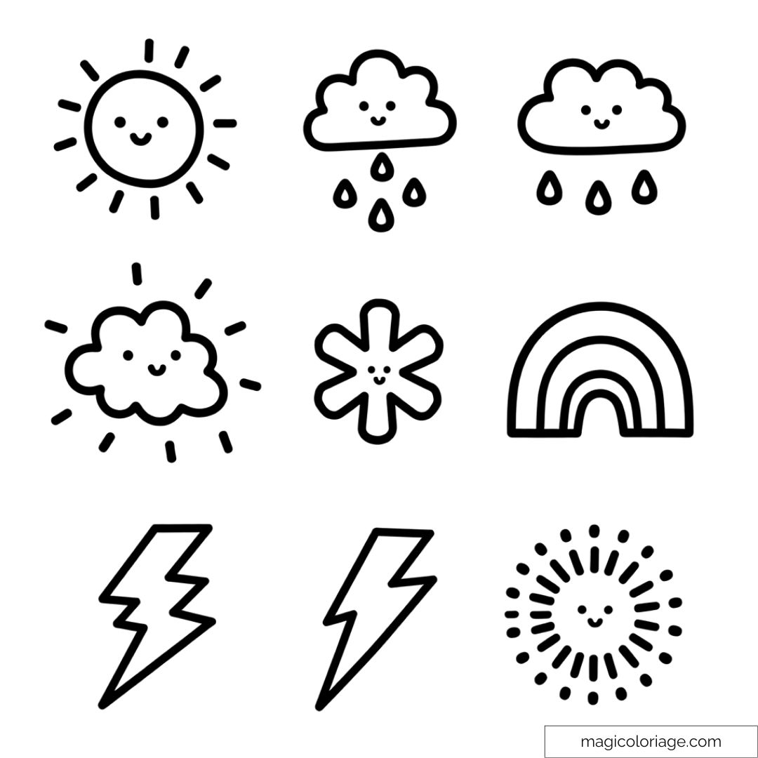 Dessin des symboles météo mignons à colorier pour enfants : soleil, nuage, pluie, flocon, arc-en-ciel, et éclair.