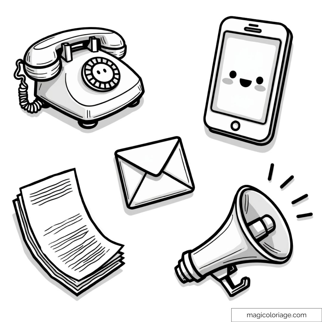Dessin d'objets de communication à colorier, incluant téléphone, smartphone, lettre, mégaphone et enveloppe.