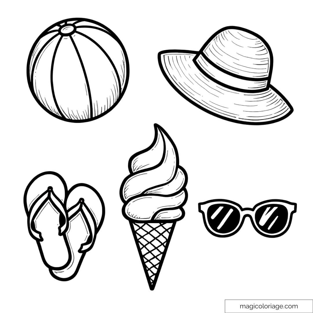 Dessin d'objets de plage à colorier pour enfants, incluant chapeau, glace, lunettes, ballon et tongs.