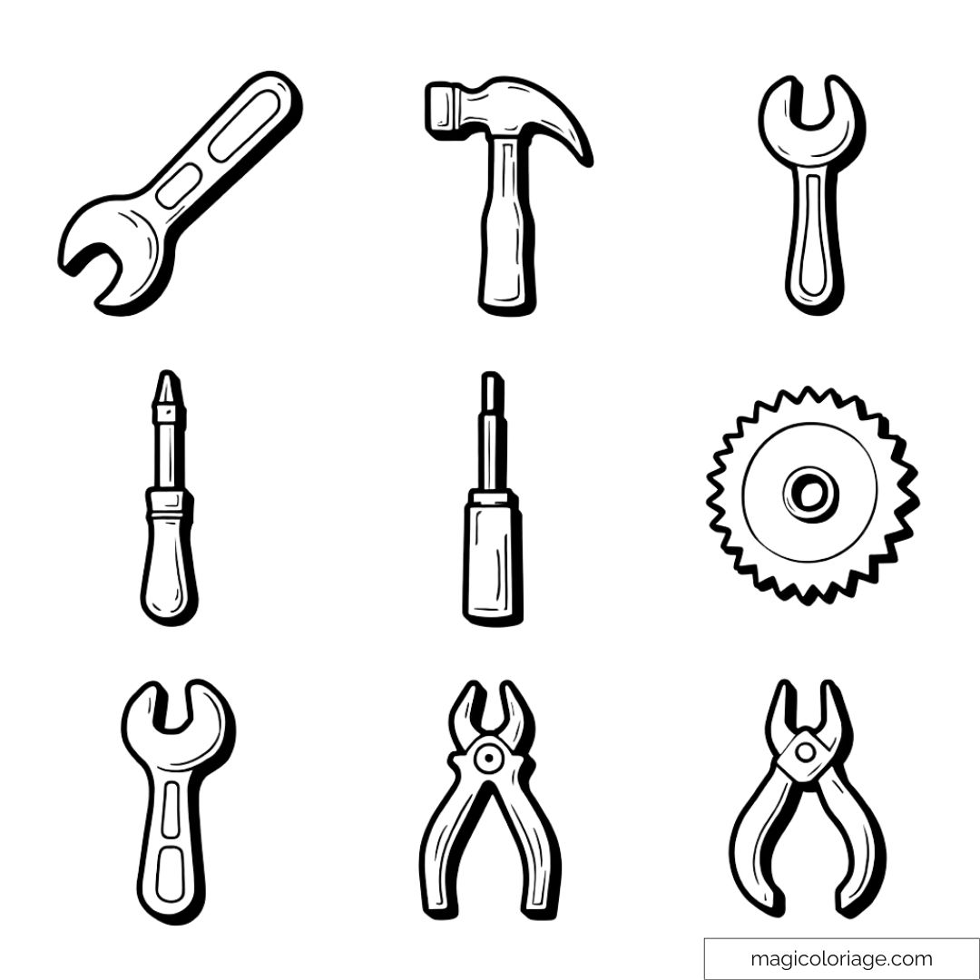 Dessin simple d'outils à colorier pour enfants, incluant marteau, tournevis, clé, scie et pince.
