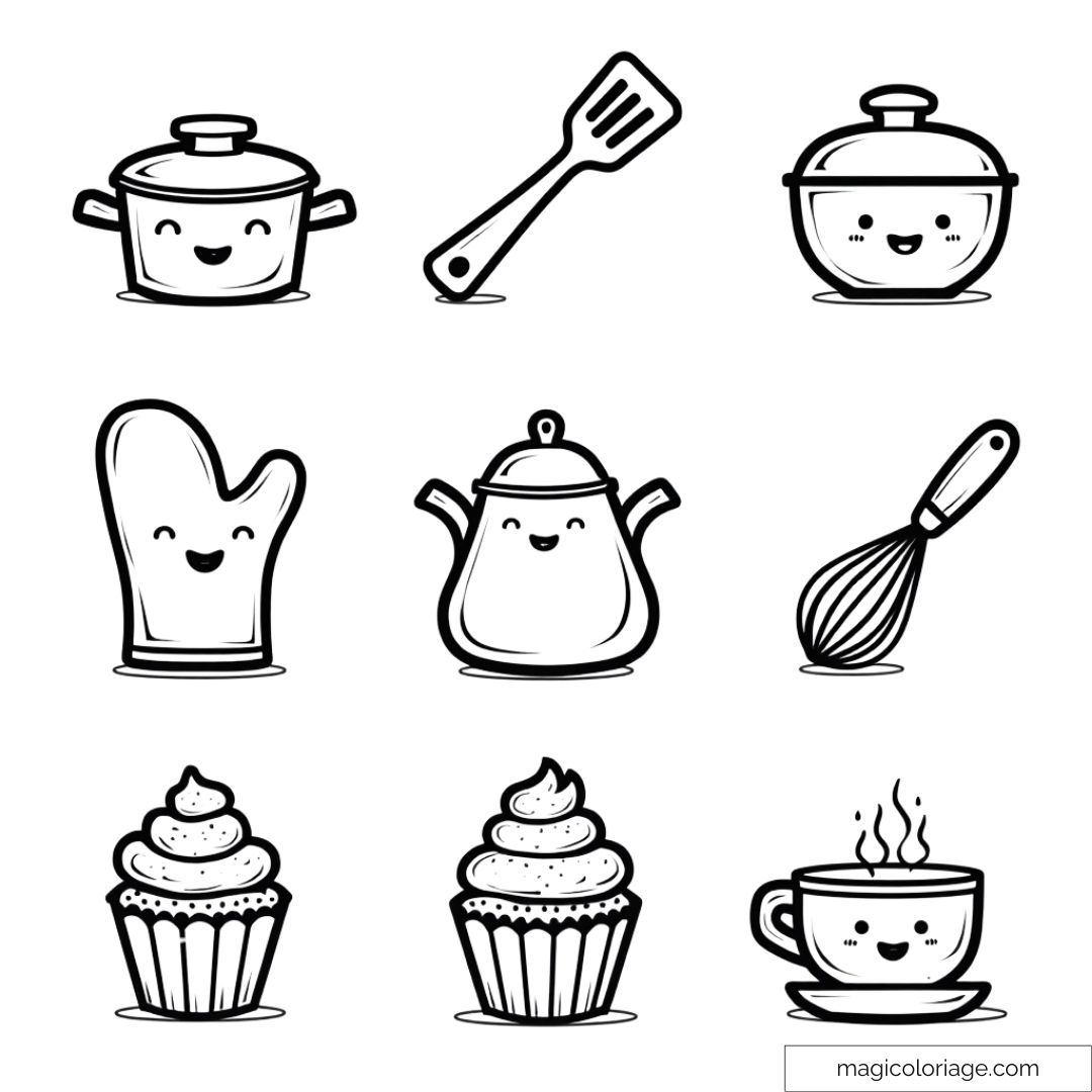 Dessin d'ustensiles de cuisine à colorier pour enfants, incluant casserole, fouet, gant, théière et cupcakes.