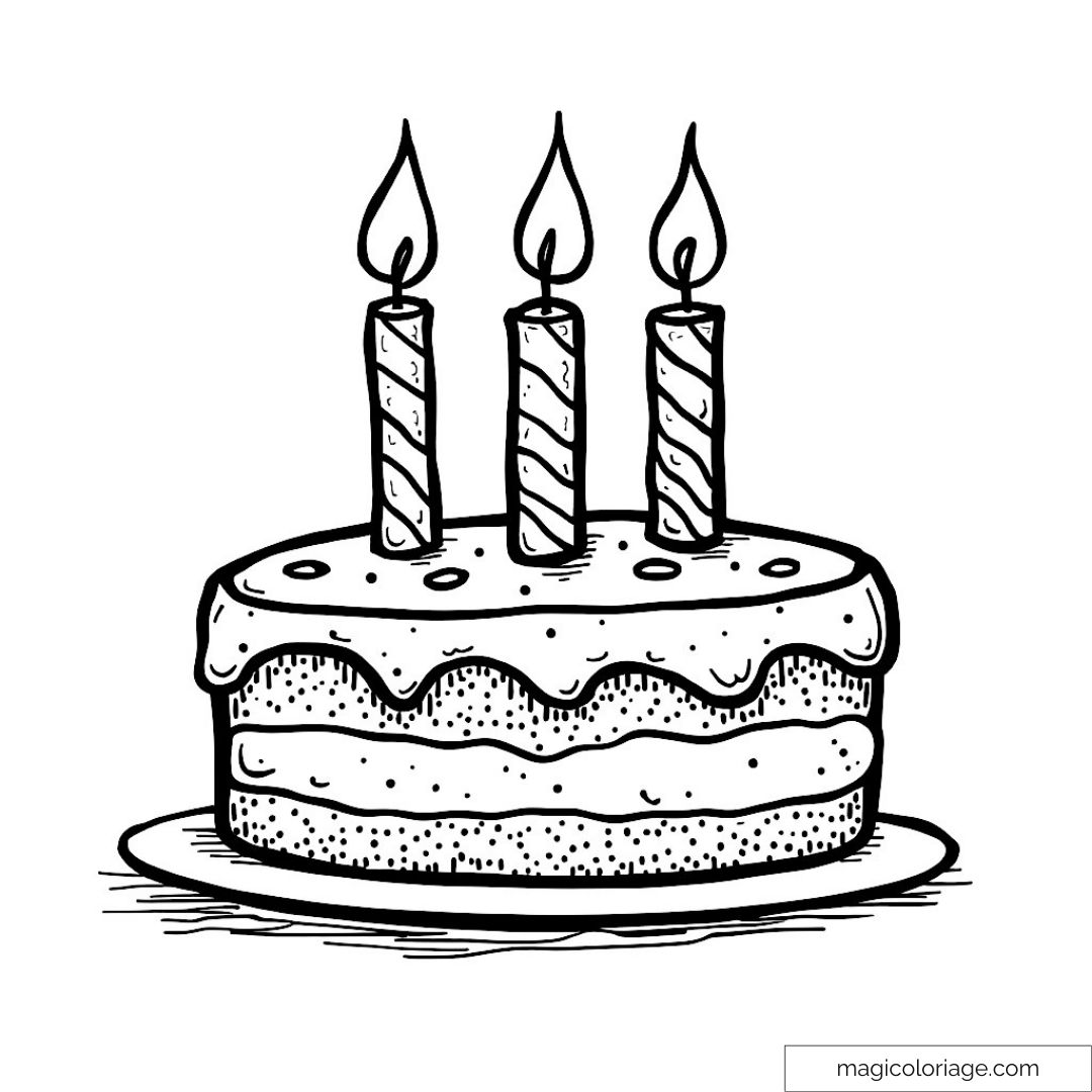Image d'un gâteau d'anniversaire avec bougies à colorier.
