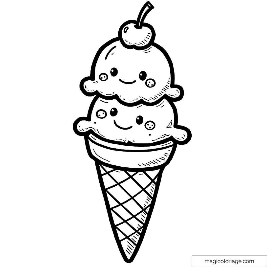 Dessin d'une glace kawaii avec deux boules et une cerise.