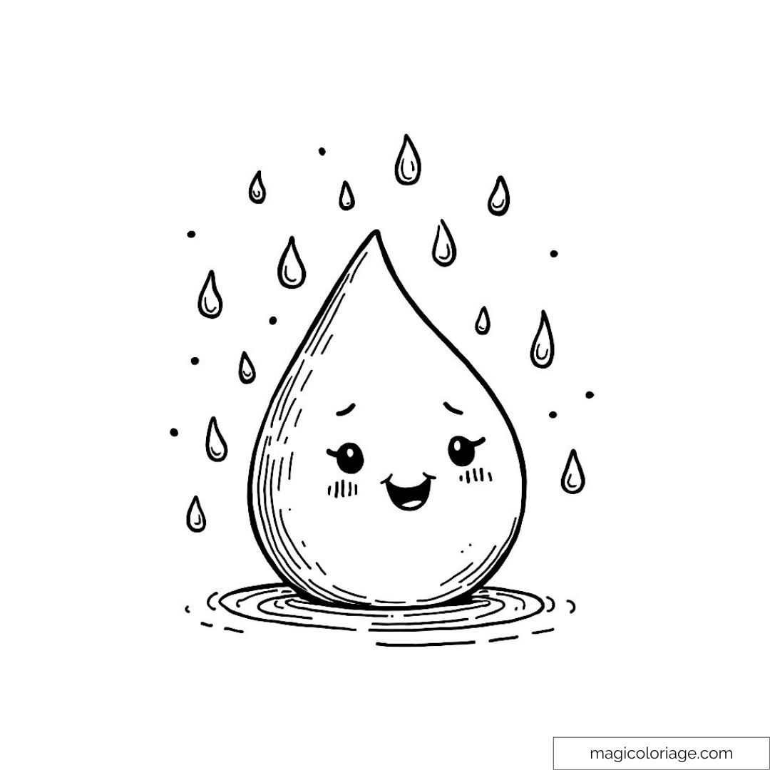 Goutte d'eau souriante entourée de petites gouttes