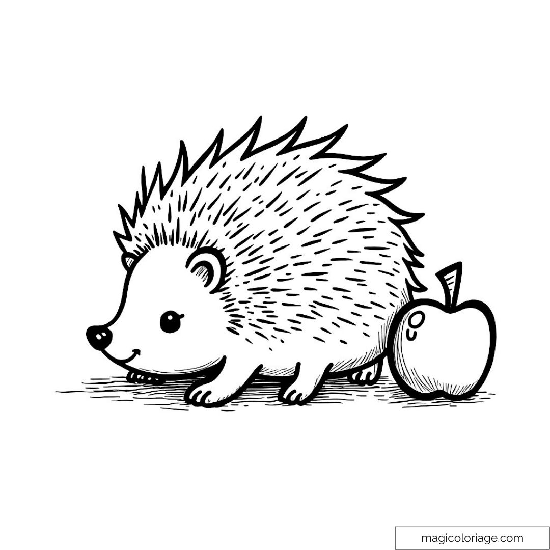 Dessin de hérisson mignon avec pomme à colorier.