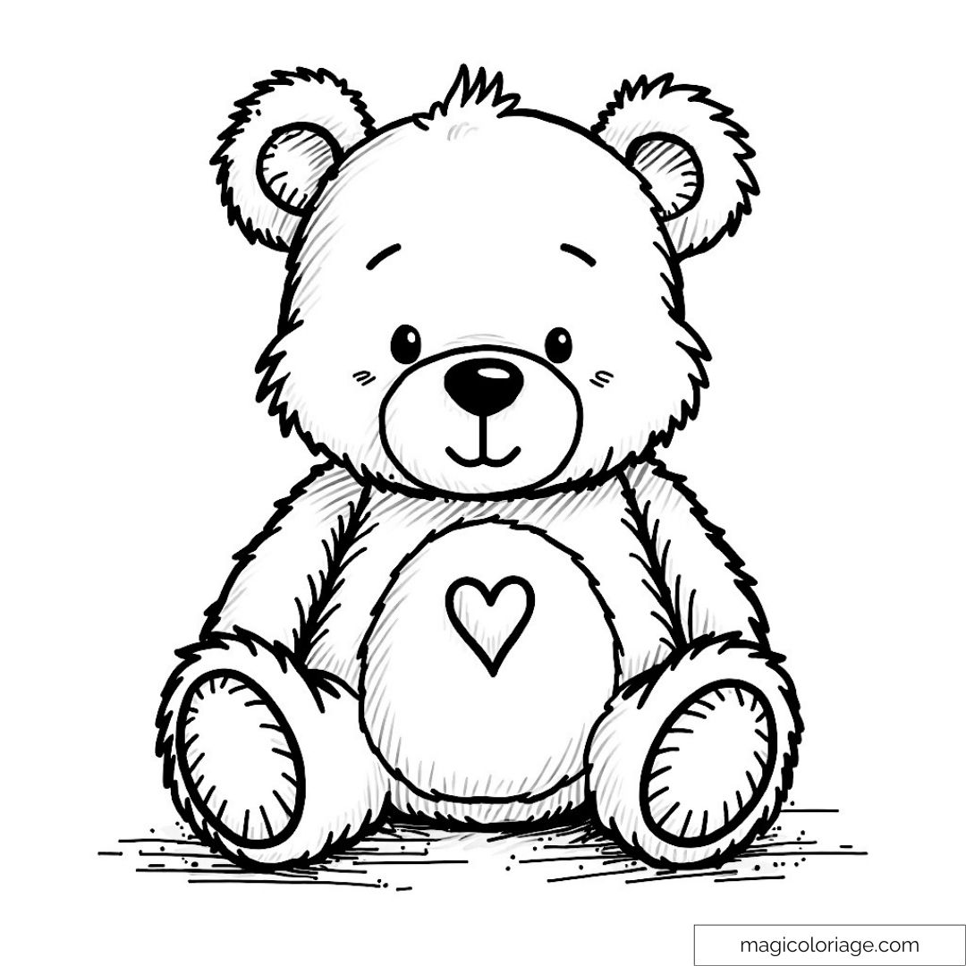 Dessin d'un adorable ours en peluche avec cœur à colorier.