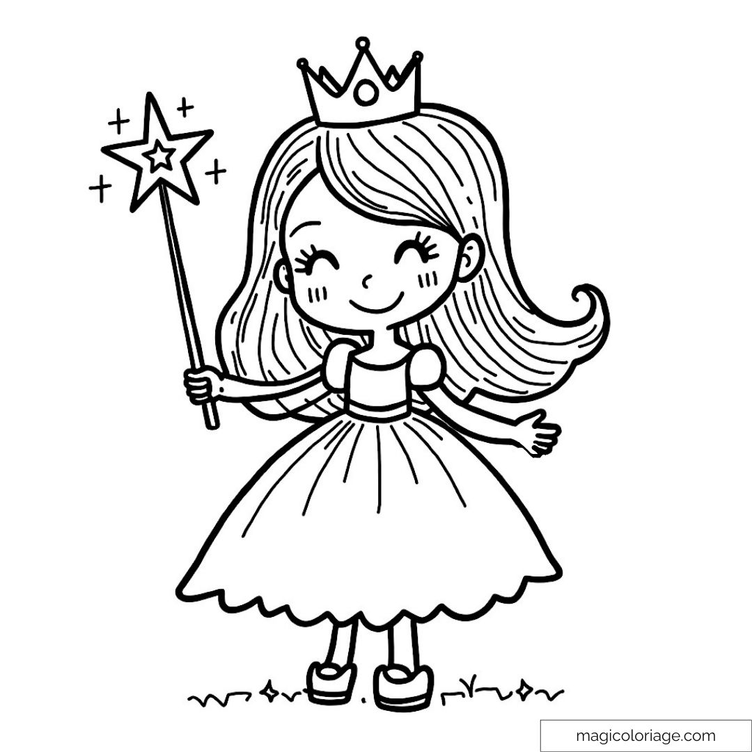 Dessin de princesse en robe avec couronne et baguette magique.