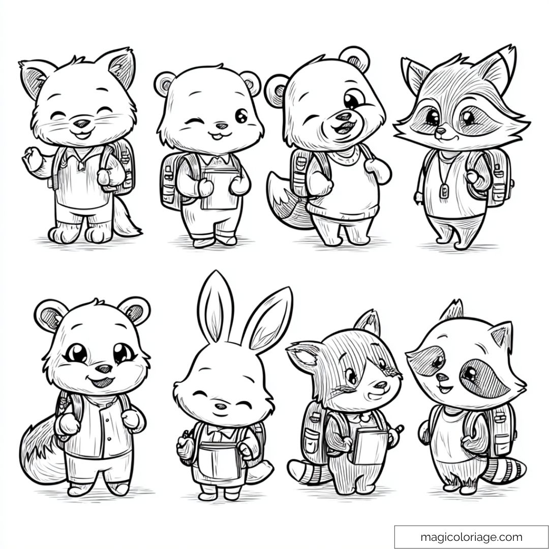 Animaux mignons avec sacs à dos pour le coloriage enfants
