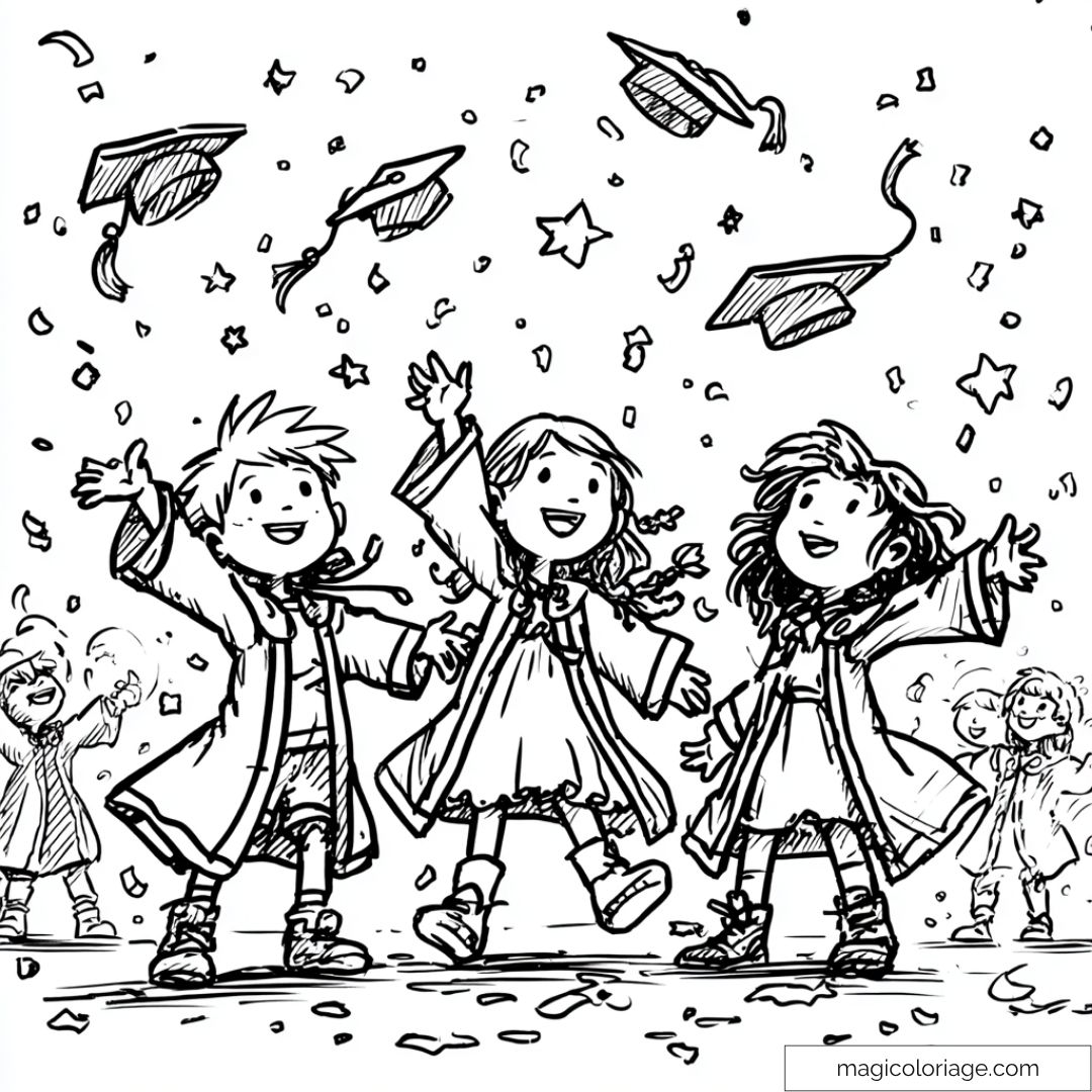 Dessin enfants lançant des mortiers de graduation