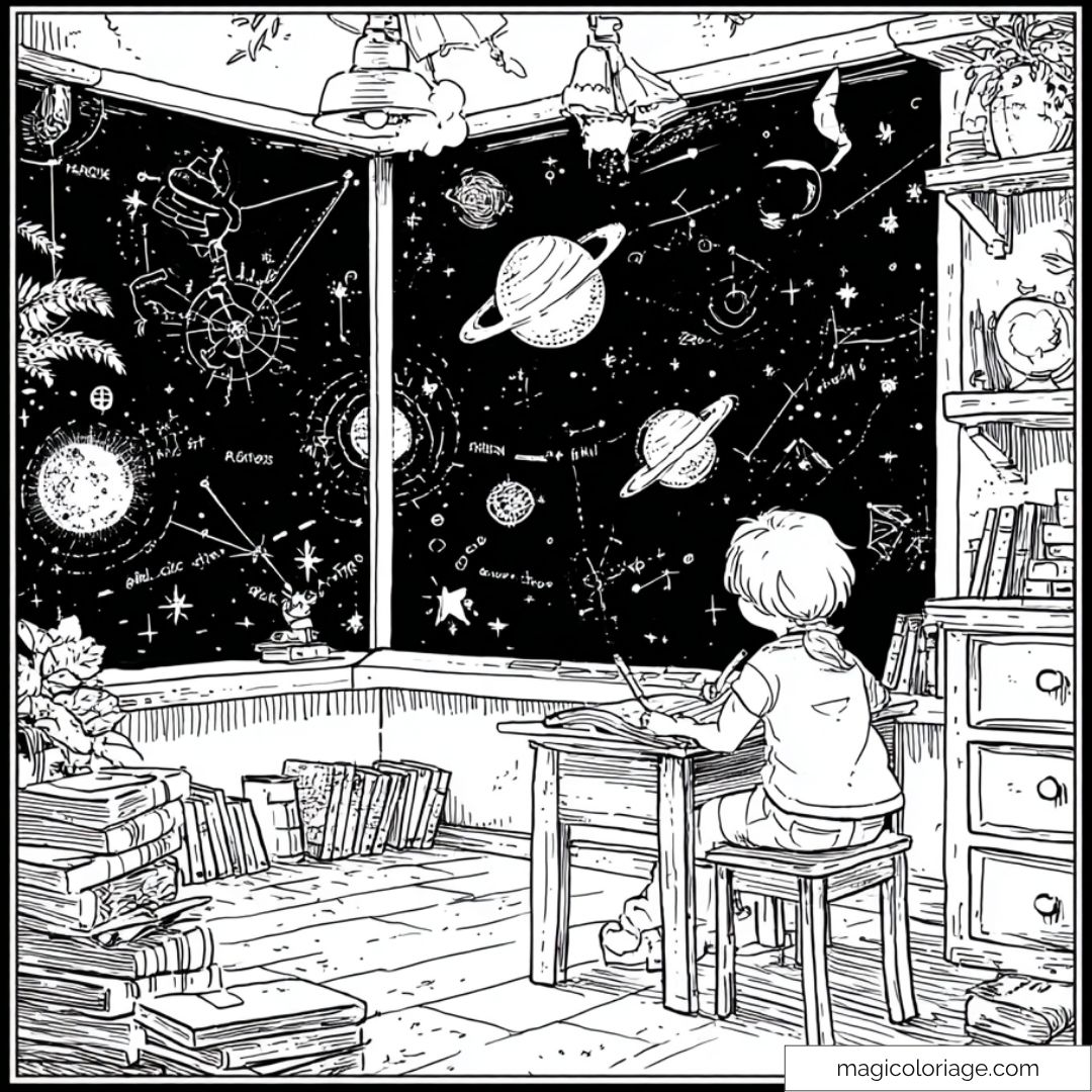 Dessin d'une chambre avec un enfant et une vue céleste étoilée
