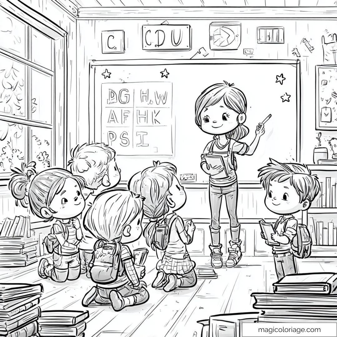Dessin d'enfants et professeur en classe