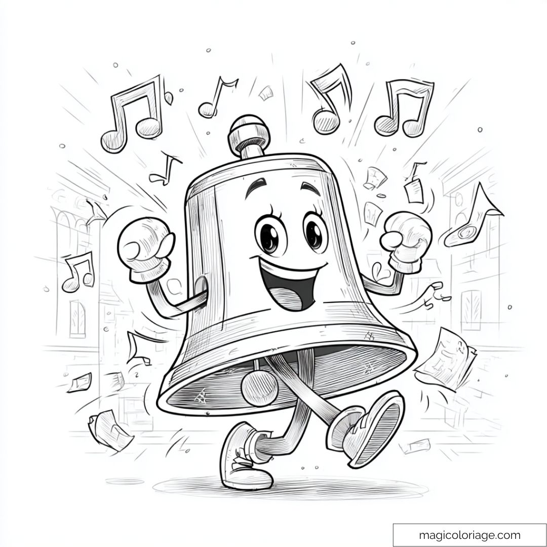 Dessin de cloche amusante avec notes de musique et fonds urbains