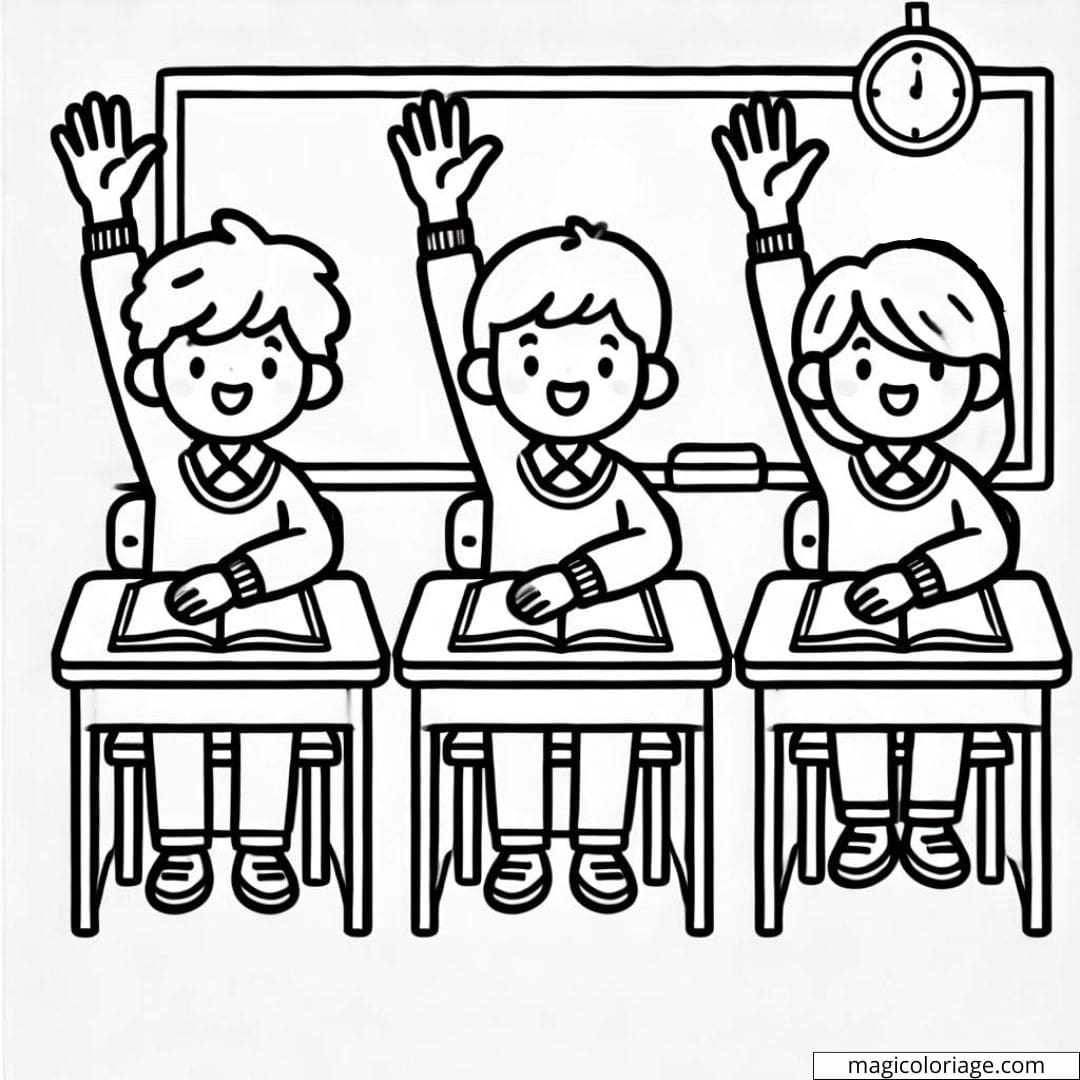 Dessin à colorier de trois élèves levant la main en classe avec des expressions enthousiastes.