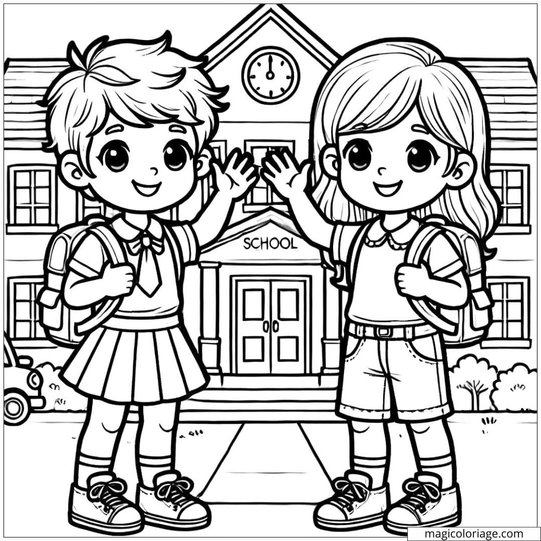 Dessin à colorier d'un garçon et d'une fille souriants, debout devant une école avec leurs sacs à dos.