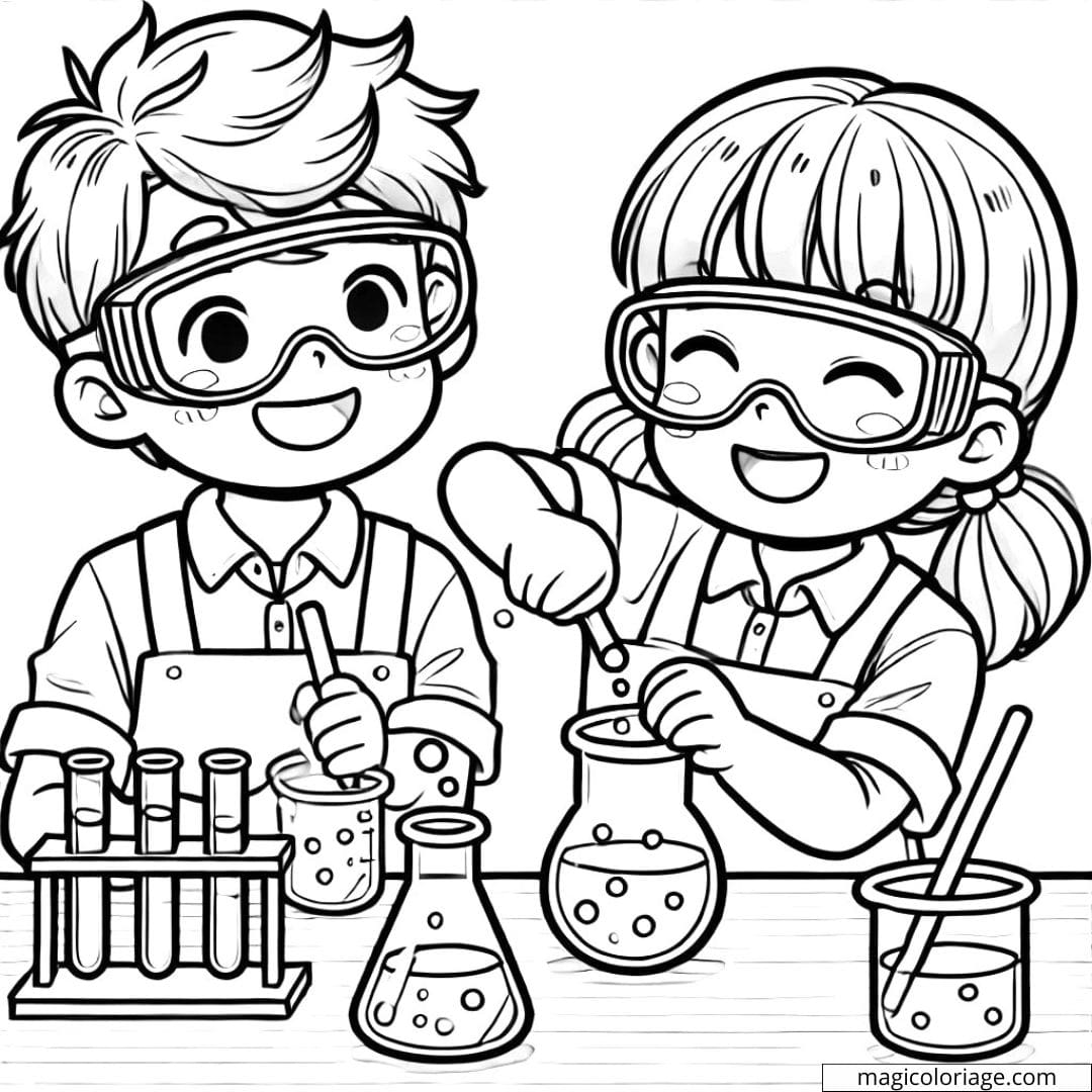 Dessin à colorier de deux enfants portant des lunettes de protection, réalisant une expérience scientifique à l'école.