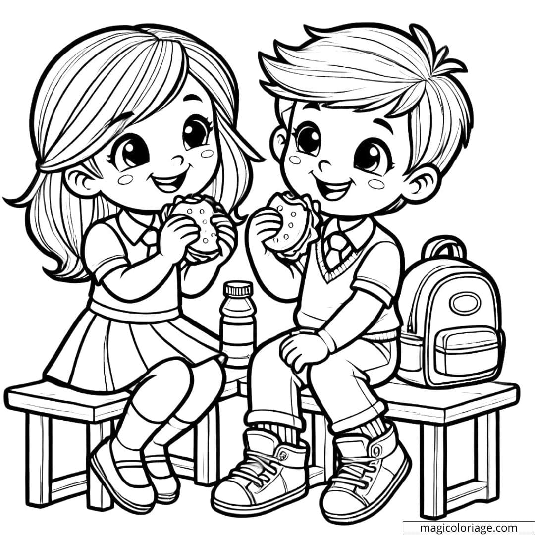 Dessin à colorier de deux enfants partageant un goûter à l'école, assis ensemble et souriants.