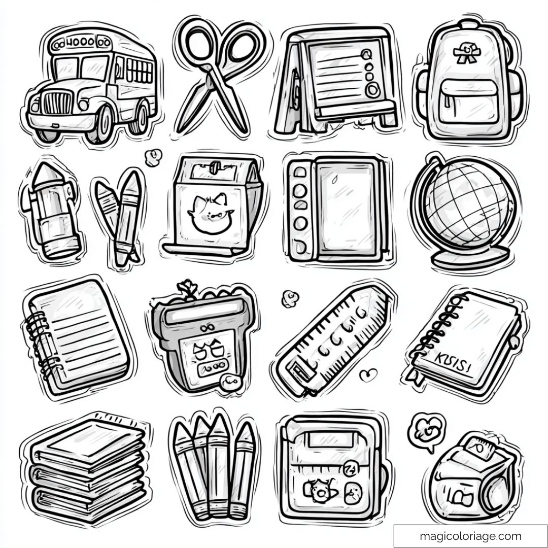 Illustration de fournitures scolaires à colorier : school bus