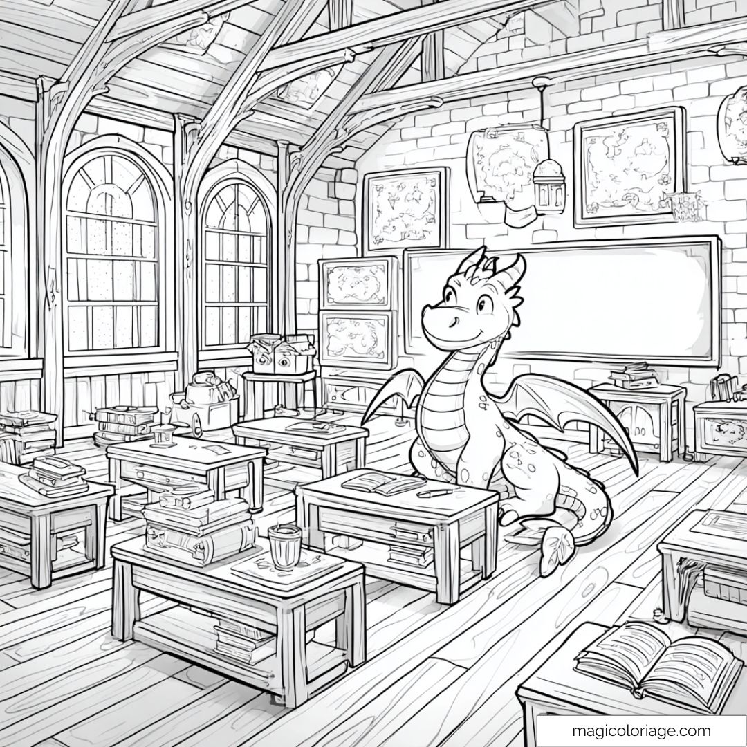 Dessin de dragon mignon dans une classe avec des arbres et des livres.