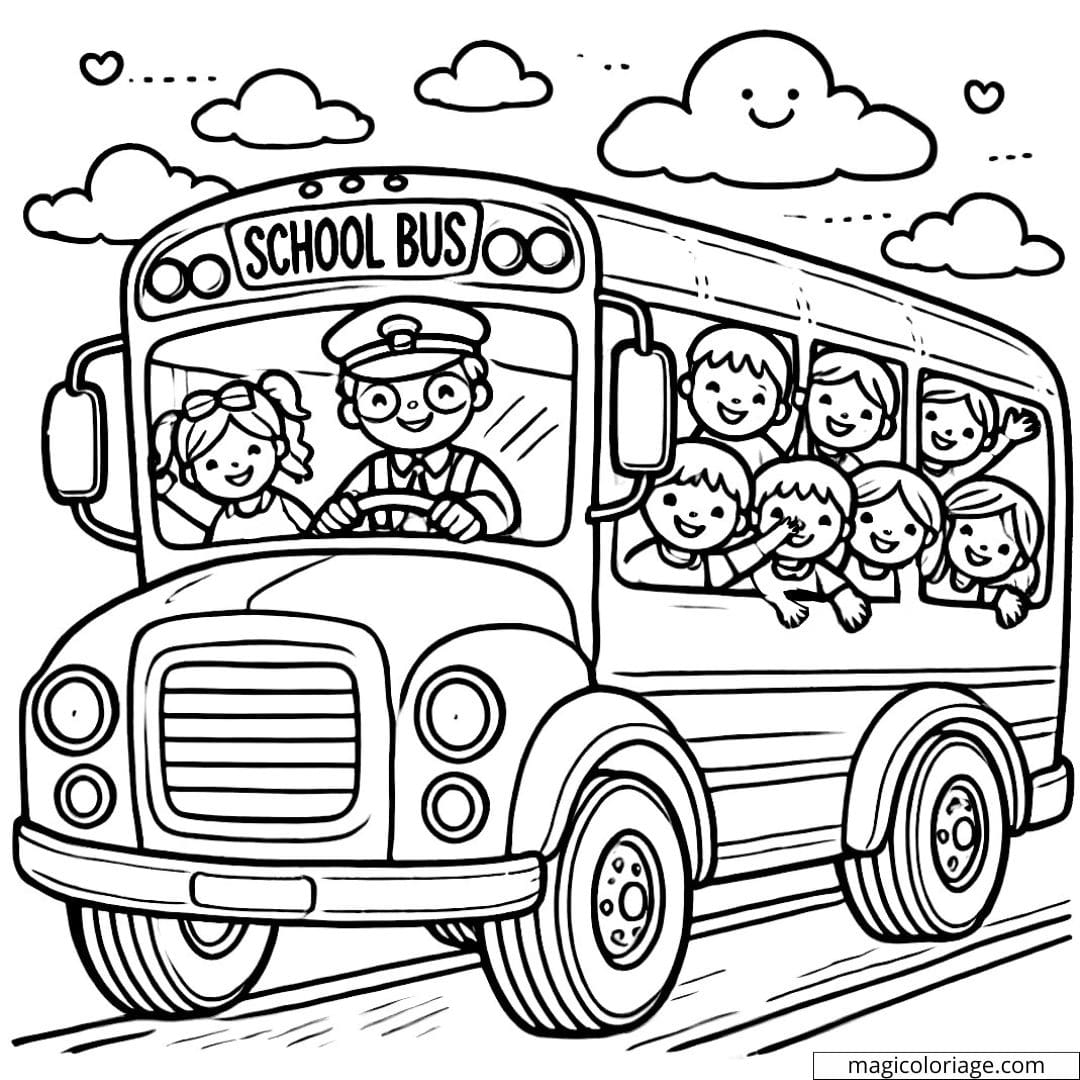 Dessin à colorier d'un bus scolaire avec des enfants souriants à l'intérieur et un chauffeur devant.