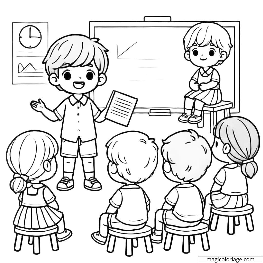 Dessin à colorier d'un élève tenant un papier et faisant une présentation devant la classe.