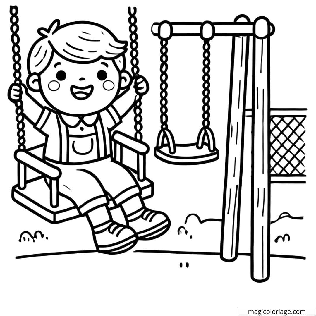 Dessin à colorier d'un enfant souriant sur une balançoire, jouant dans la cour de récréation de l'école.