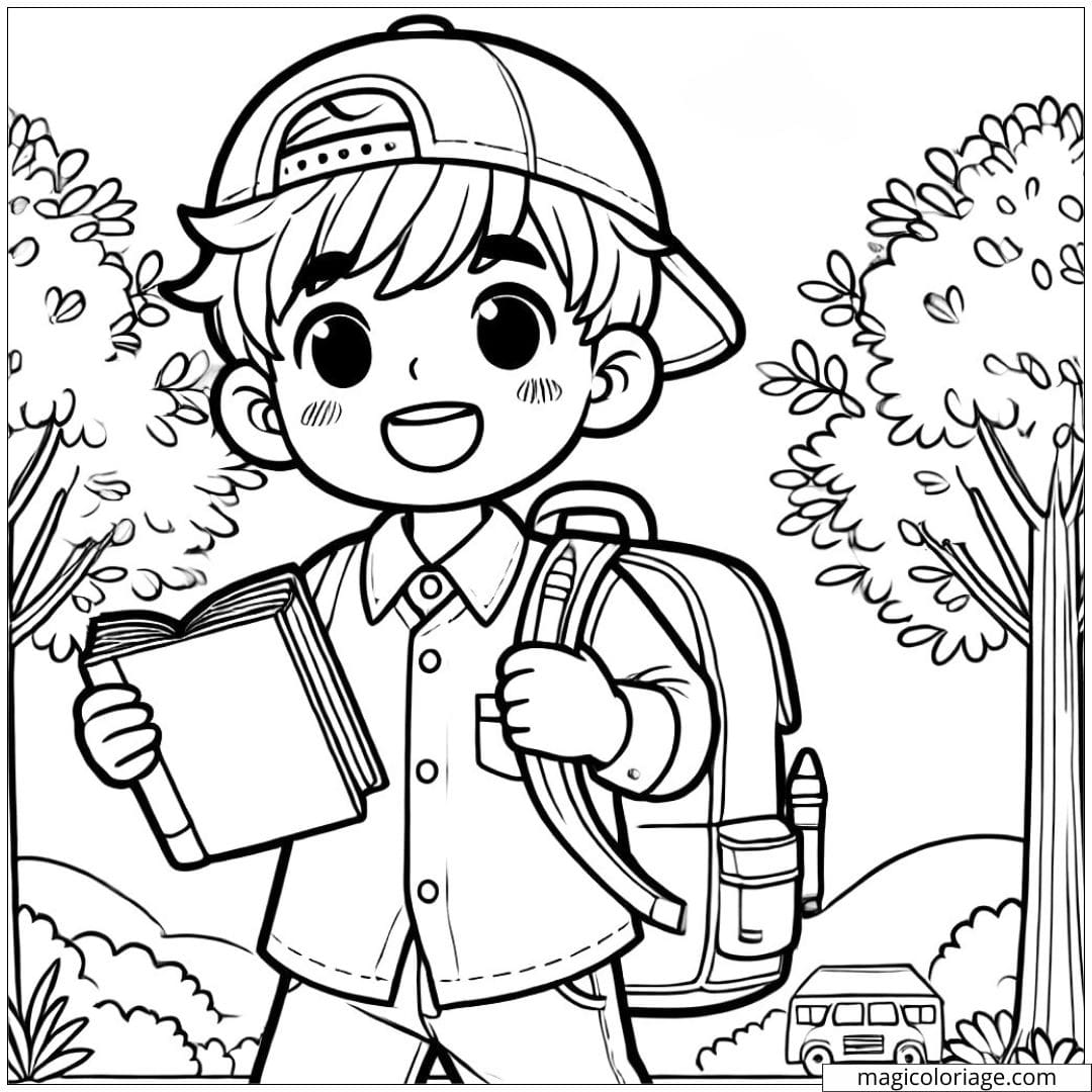 Dessin à colorier d'un garçon souriant allant à l'école avec un sac à dos et un livre.
