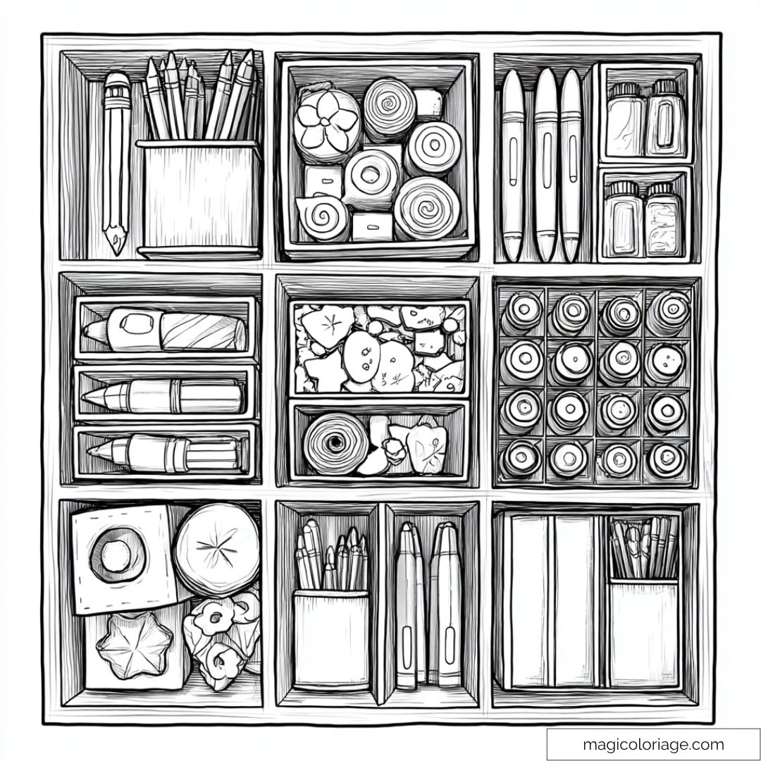 Dessin d'un organiseur de bureau avec crayons et fournitures.