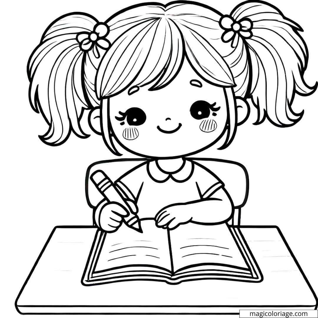 Dessin à colorier d'une fille souriante écrivant à son bureau d'école.