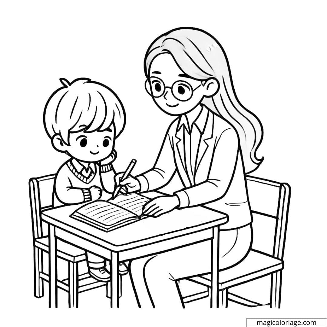 Dessin à colorier d'une maîtresse souriante aidant un élève avec son travail à l'école.