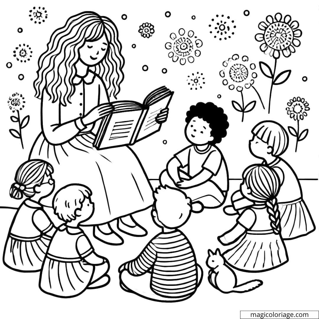 Dessin à colorier d'une maîtresse lisant un livre à un groupe d'enfants assis en cercle.