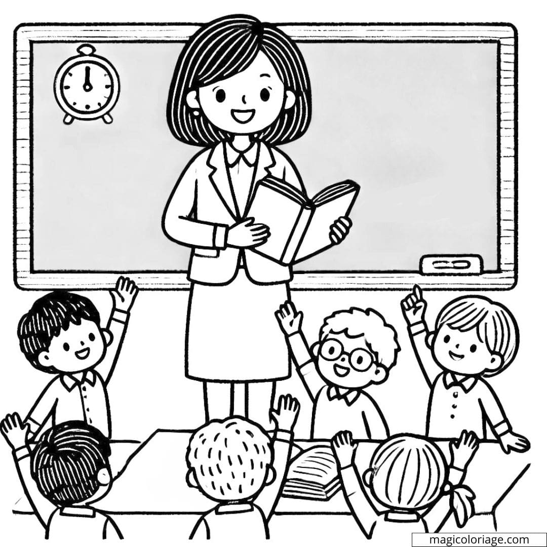 Coloriage d'un professeur et des élèves à imprimer
