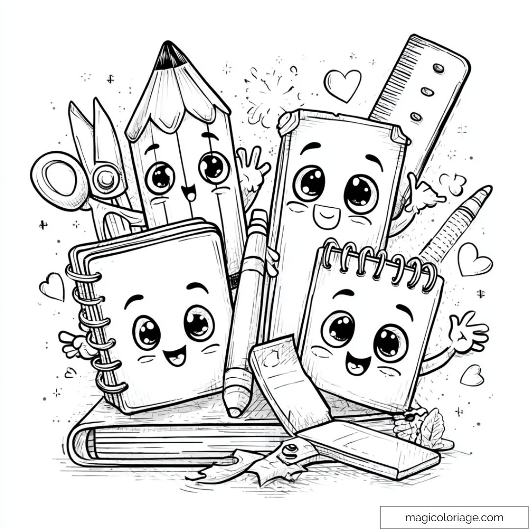 Dessin joyeux de fournitures scolaires mignonnes avec des visages heureux