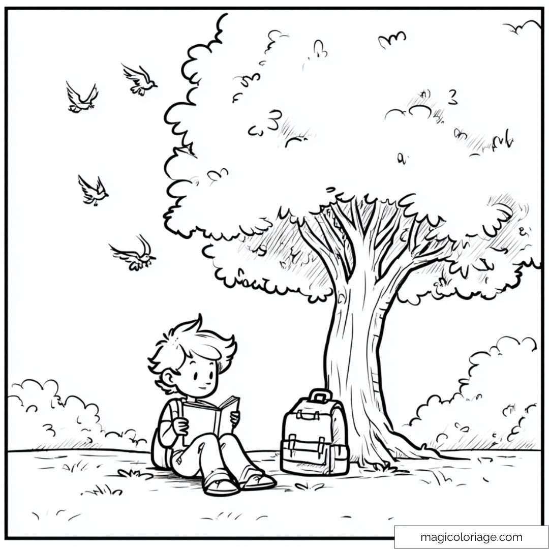 Illustration enfant lisant sous un arbre avec oiseaux volants.