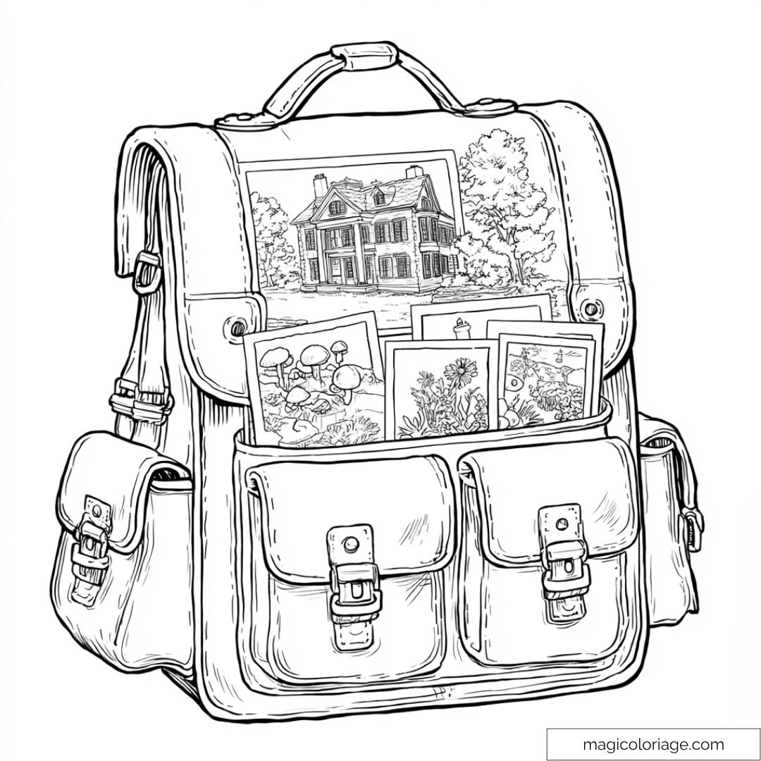 Dessin de sac à dos avec cartes de paysages à colorier.
