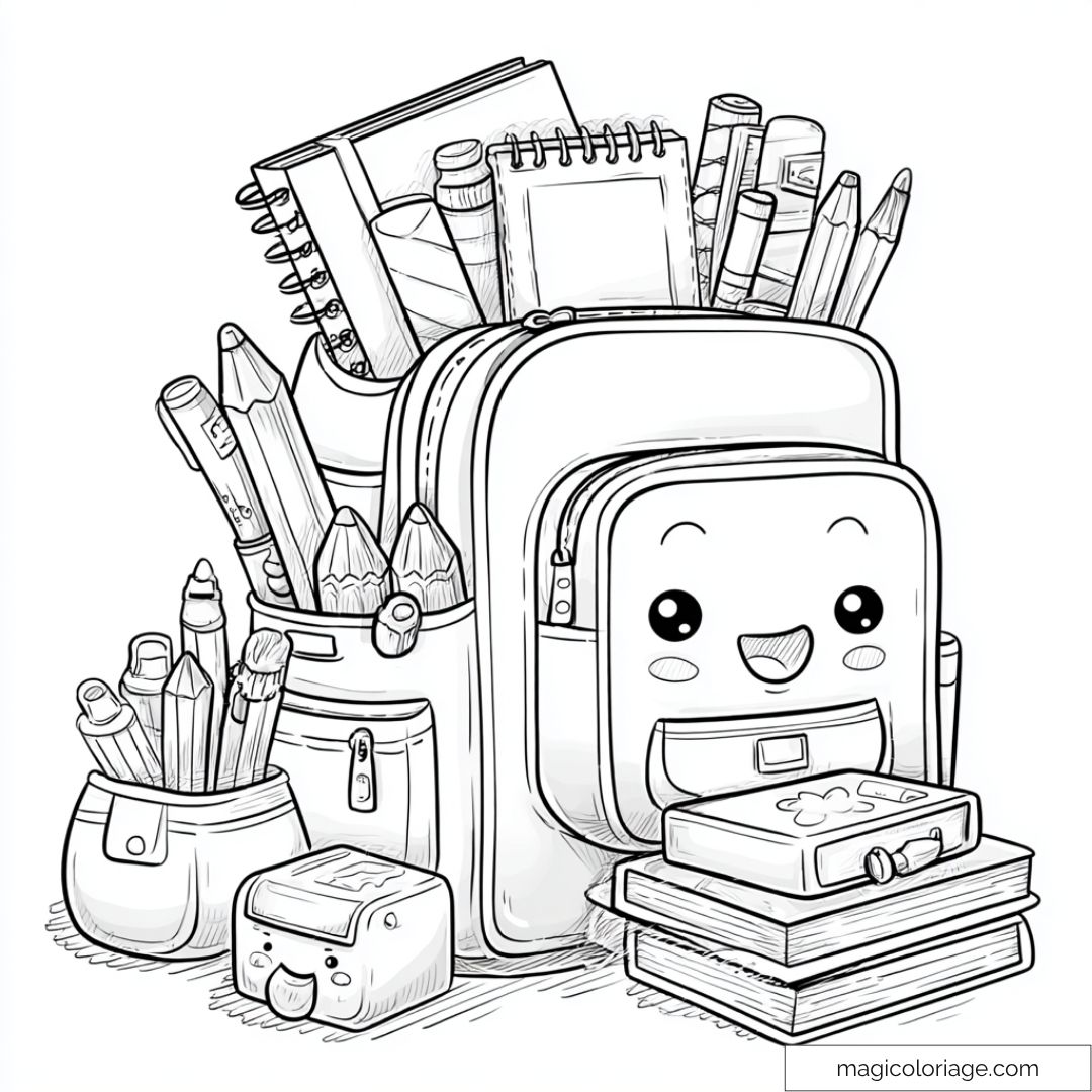 Dessin d'un sac à dos kawaii entouré de fournitures scolaires rigolotes et souriantes.
