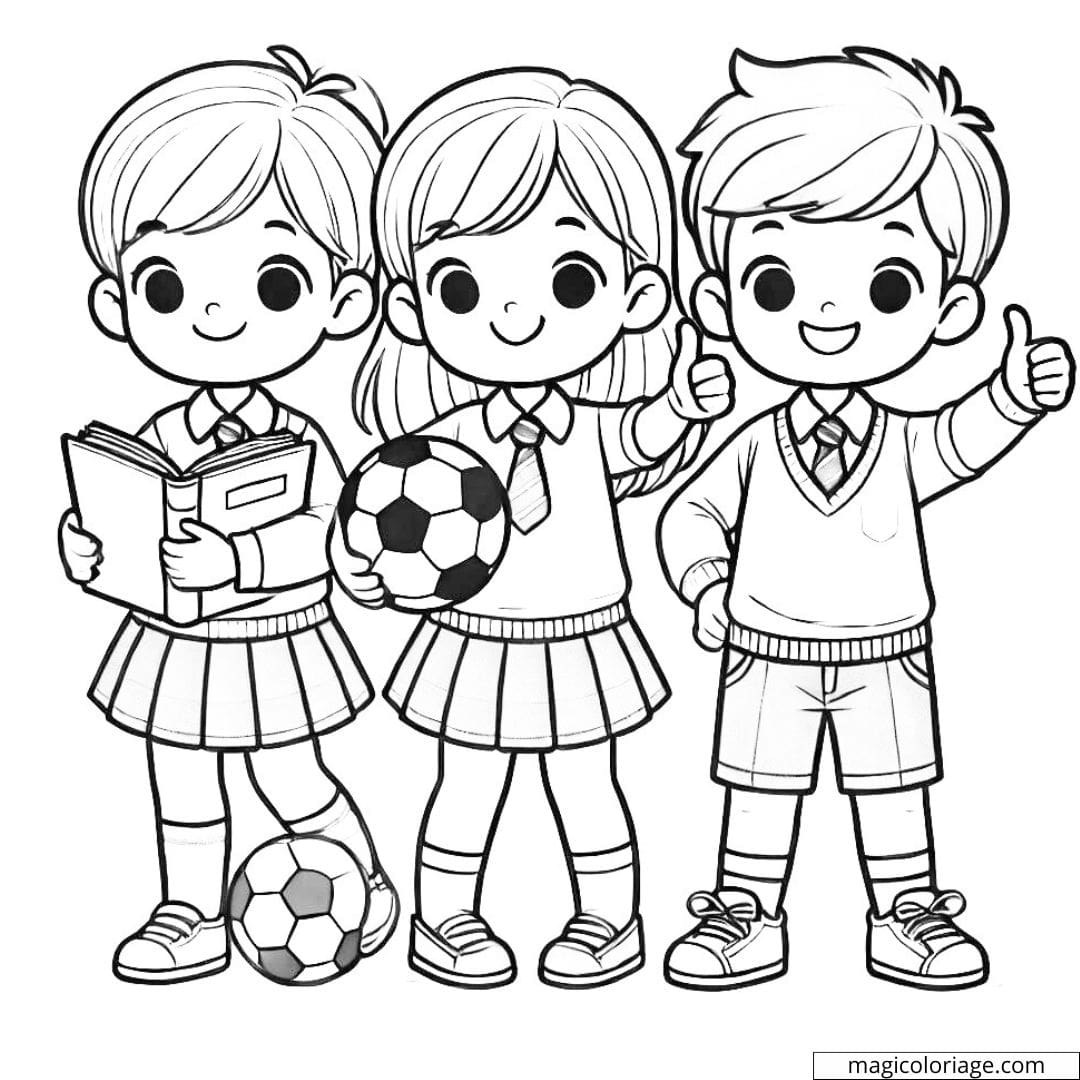 Dessin à colorier de trois enfants en uniforme scolaire, avec un ballon de foot, un livre et un pouce levé.